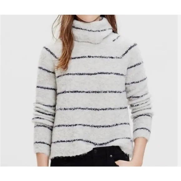 Womens Madewell Sz XS Turtleneck Sweater Gray Stripe Alpaca Wool Blend Oversized - Picture 1 of 6